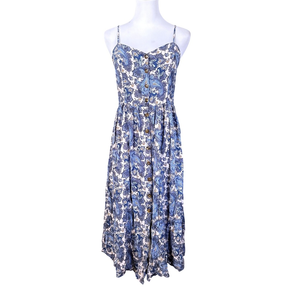 H&M Floral Midi‎ Sundress Size 6 Blue White Paisley Smocked Feminine